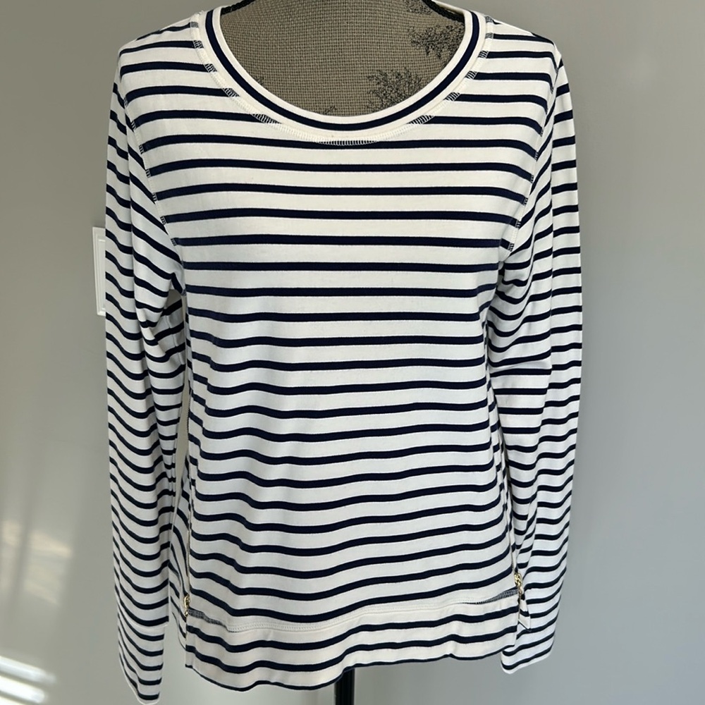 Stella & Dot Navy Blue/White Stripe Crush It Gold Side Zippered Sweatshirt Sz L